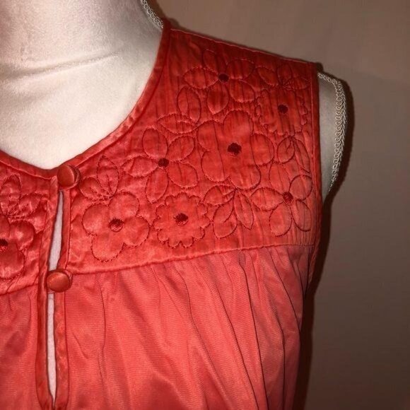Short Nightgown Womens Vintage Nylon Matching Belt Buttons Embroidered Orange - Picture 7 of 9